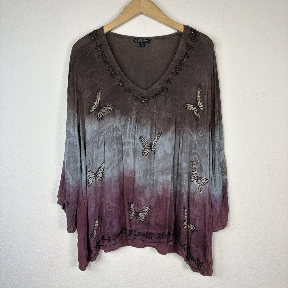 Greater Good L-XL Tunic Top Butterfly Print Whimsy Fairy Boho Peasant Y2K Vtg